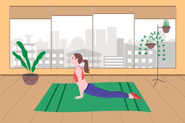 Young girl doing sports physical exercises, home workouts and fitness at home during quarantine and lead healthy lifestyle. flat vector illustration. people, men and women using the house as a gym.