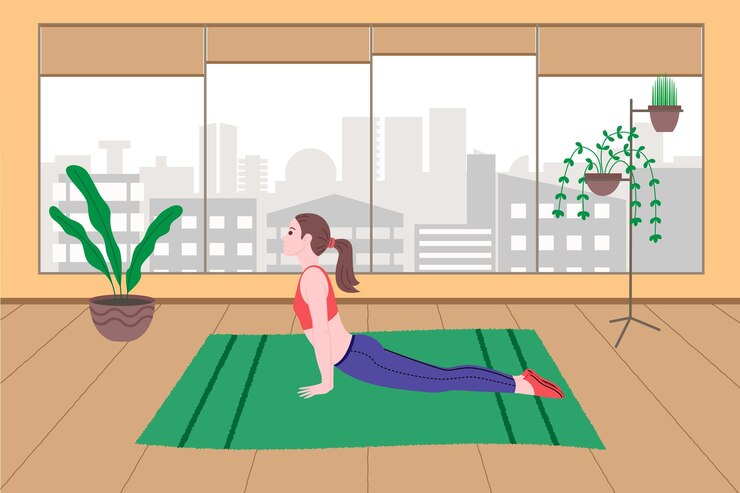 Young girl doing sports physical exercises, home workouts and fitness at home during quarantine and lead healthy lifestyle. Flat vector illustration. People, men and women using the house as a gym.