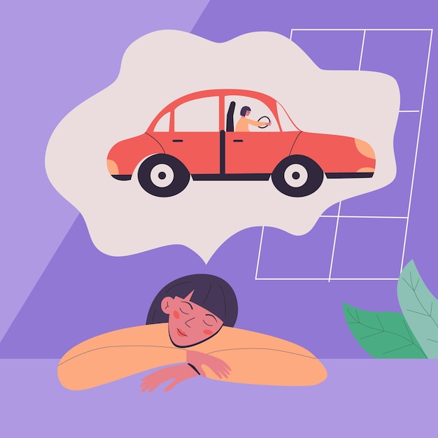 Young girl dreams of how she will drive a car flat vector isolated modern illustration in trendy co