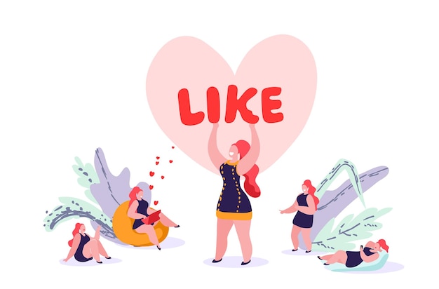 Young girl enjoys likes, endorsements on the social networks of the Internet. Women works at laptop, phone gets happiness from likes and hearts of love. Concept flat cartoon style.