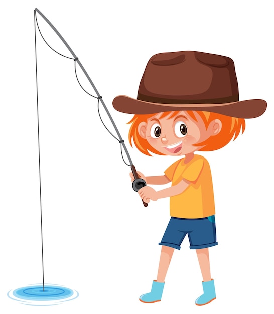 Young girl fishing white background