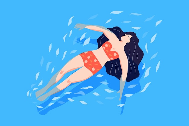 Вектор Молодая девушка, плавающая на поверхности воды женщина, плавающая на спине в море здоровая водная релаксация