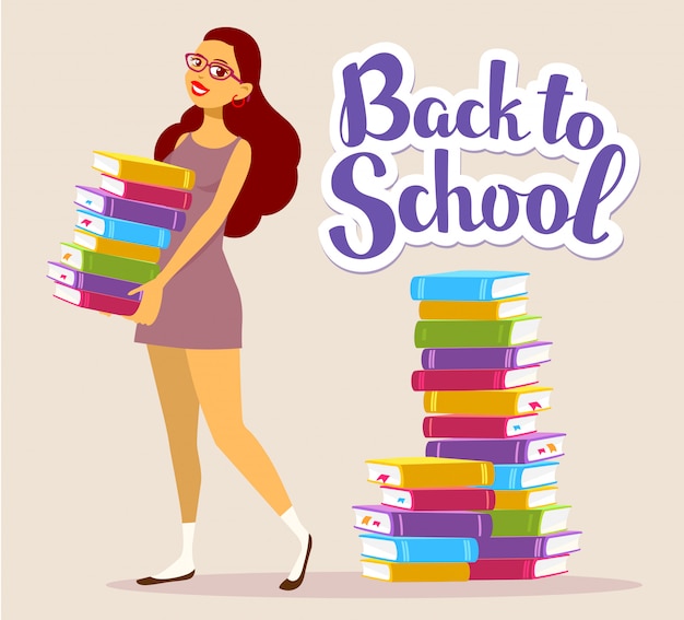 young girl full length in dress with colorful pile of books on brown background with text back to school.