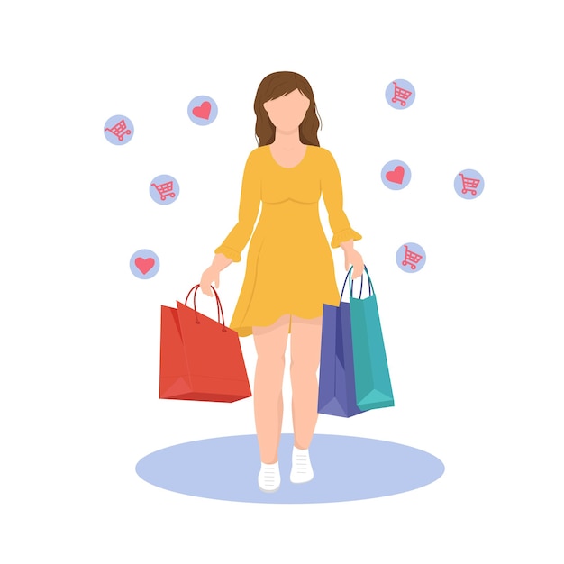 A young girl goes shopping. Flat vector illustration