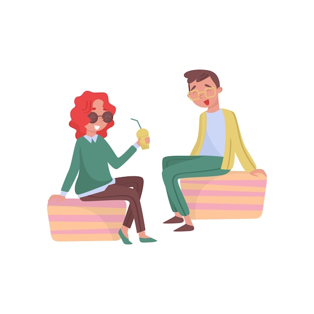 Young girl and guy siting outdoor and laughing Woman holding cup of refreshing cocktail Flat vector design