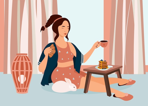 Vector young girl having a breakfast alone at home coffee and pancake