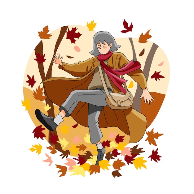 young girl having fun outside on autumn