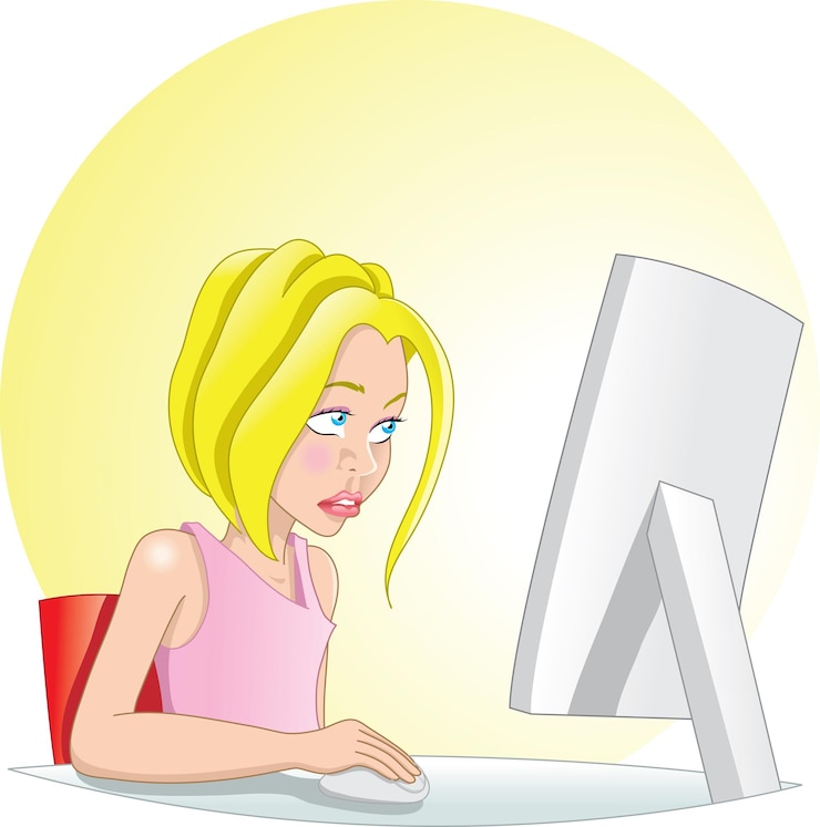 Vector young girl on her desktop pc