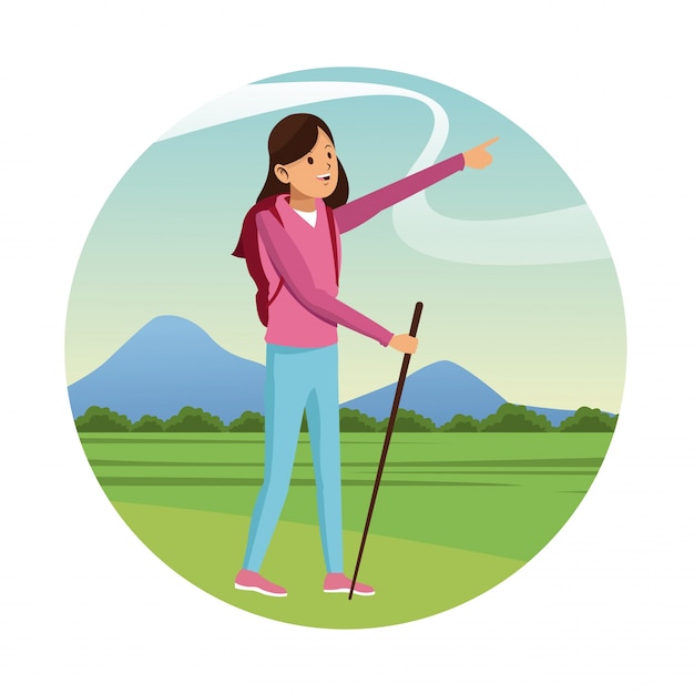 Young girl hiking backpack with walking stick-badge 