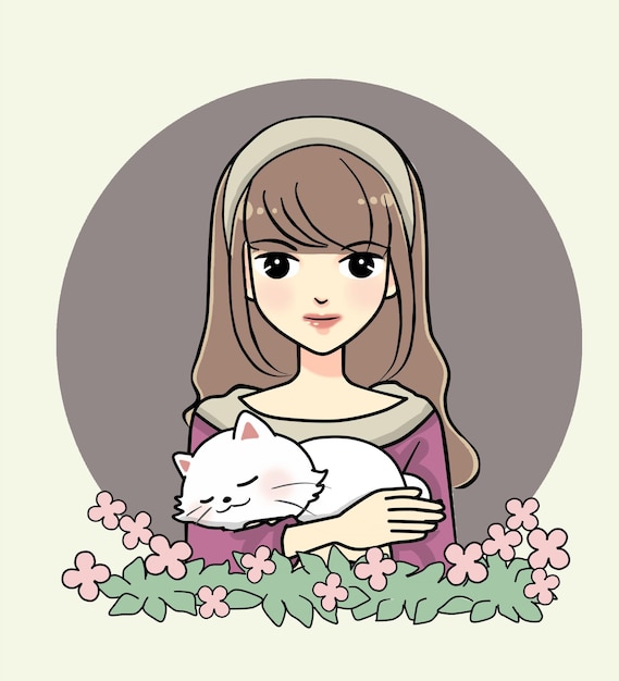 Молодая девушка с картинной иллюстрацией кошки