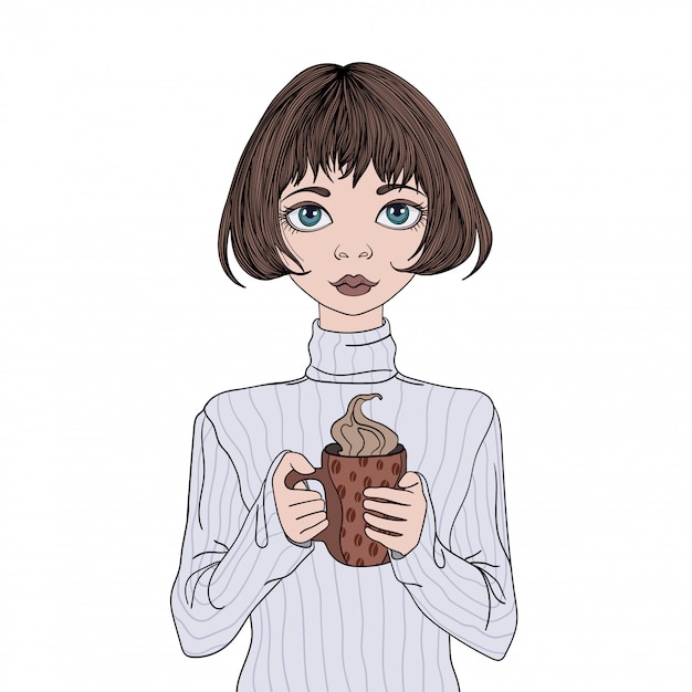 A young girl holding a Cup of coffee.  portrait illustration,  on white background.