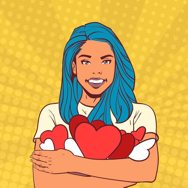 Ragazza che tiene molti cuori concetto di giorno di san valentino donna sorridente felice con capelli blu sopra arte di schiocco comica