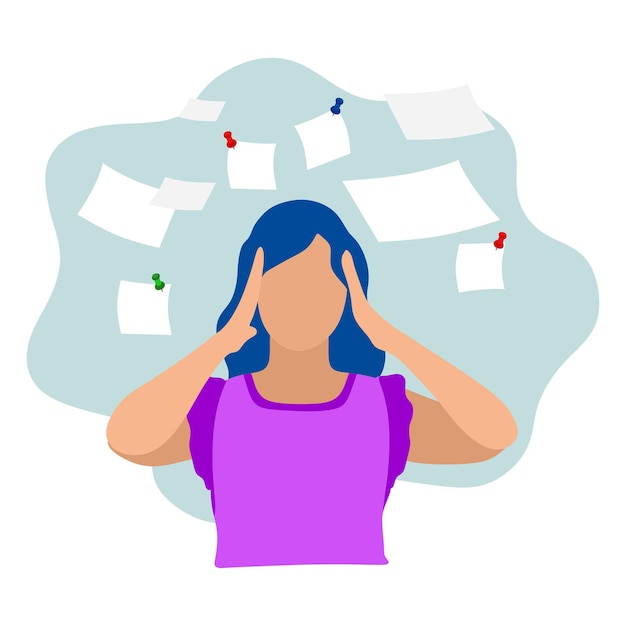 a young girl holds her head stress deadline failure of plans for posters websites mobile apps