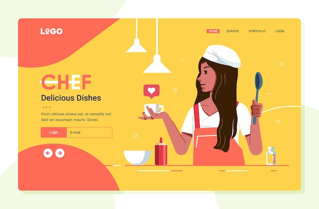 Illustrazione della ragazza come chef sul modello di banner del sito web