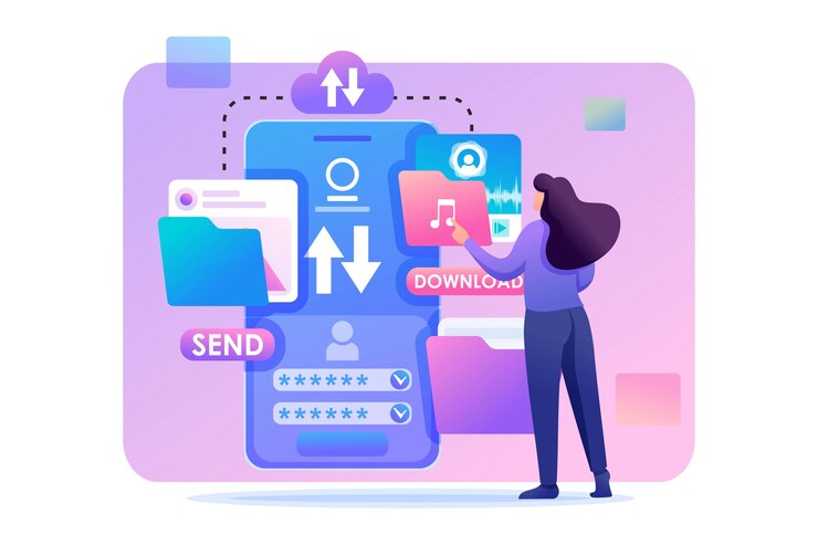 Vector young girl interacting with the data storage in flat design
