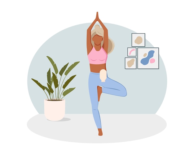 A young girl is doing yoga with a colostomy bag. vector stock illustration