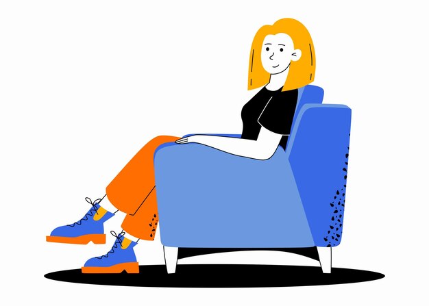 A young girl is sitting in an armchair home decor vector illustration in a flat style