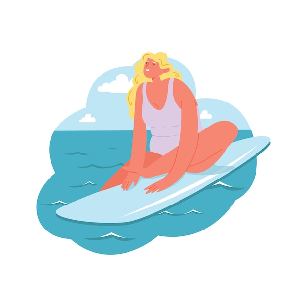어린 소녀는 서핑 보드에 앉아 바다 풍경의 배경에 만화 여성 캐릭터는 뜨거운 여름을 즐긴다 평면 벡터 일러스트 레이 션 모든 요소가 격리됩니다