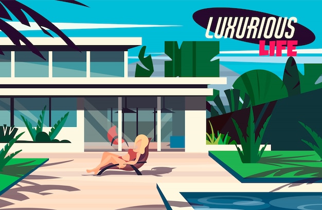 Vector a young girl is sunbathing on a sunbed in a modern house with a swimming pool.