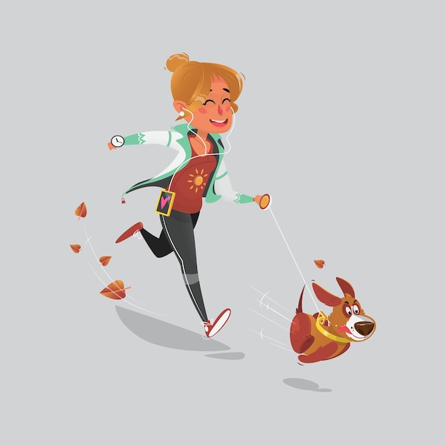 Vector young girl jogging with her dog.vector illustration