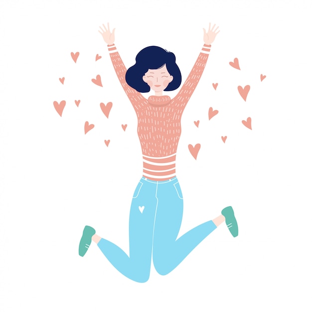 Vector young girl jumping from happiness. jumping girl with hearts.