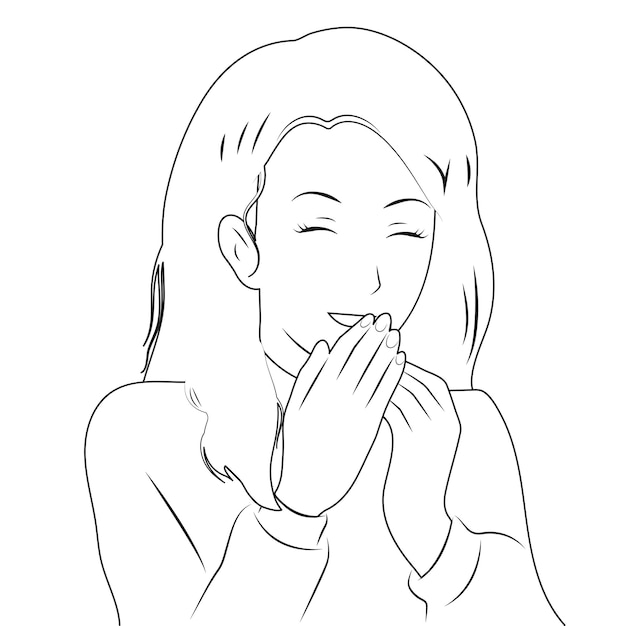 The young girl laughs covering her mouth with her hands black and white lines