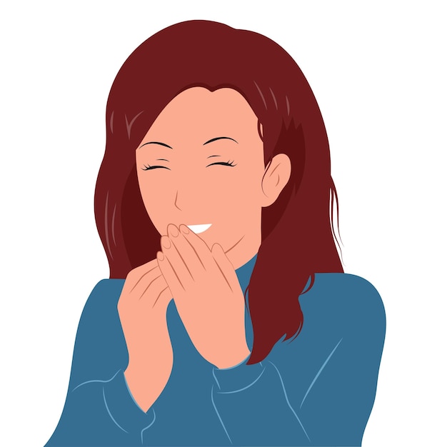 Vector the young girl laughs covering her mouth with her hands vector flat