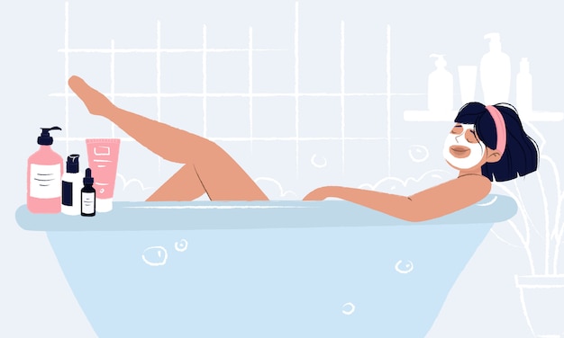 Vettore giovane ragazza posa nella vasca da bagno con maschera facciale facendo igiene e cura di sé e godersi il suo rituale di bellezza.