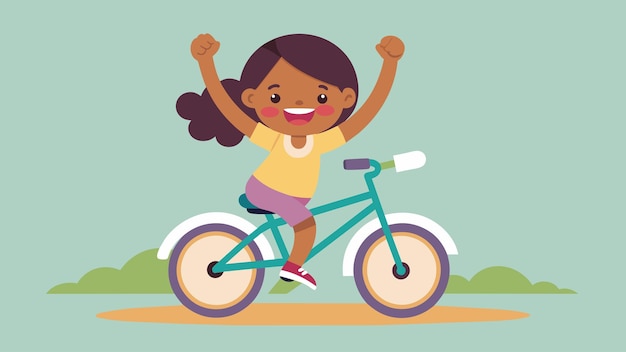 A young girl learning how to ride a bike for the first time excitedly cheering and celebrating each