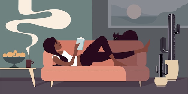 young girl lies on a sofa with a book and a black cat. Fruit in a vase and cup of coffee near on the table.