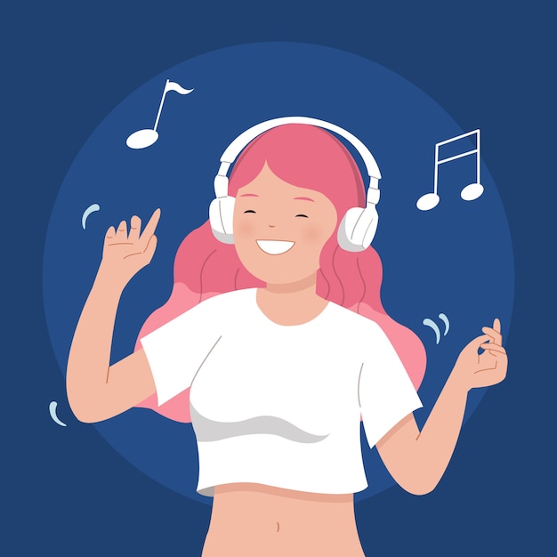 Vector a young girl listening and dancing to the music on headphones