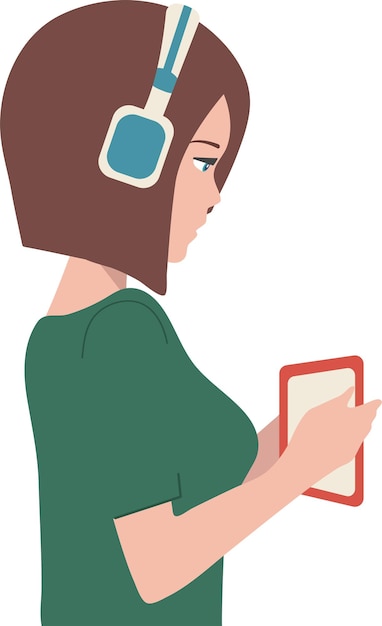 A young girl listens to music and podcasts in headphonesVector flat