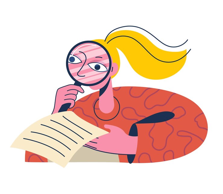 Vector young girl looking through magnifying glass at document woman searching information