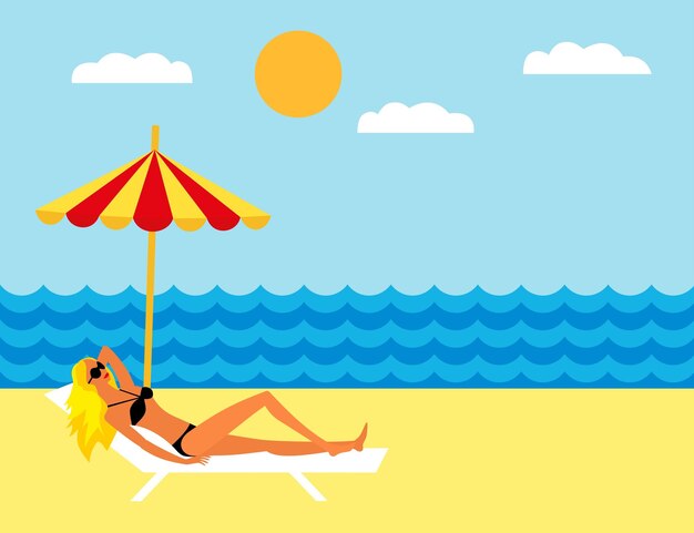 Young girl lying on the beach under an umbrella Girl sunbathing on a deckchair on the beach