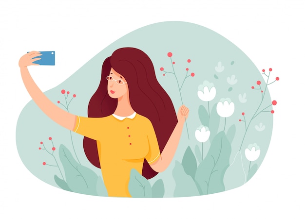 Vector young girl making selfie in garden with flowering plants