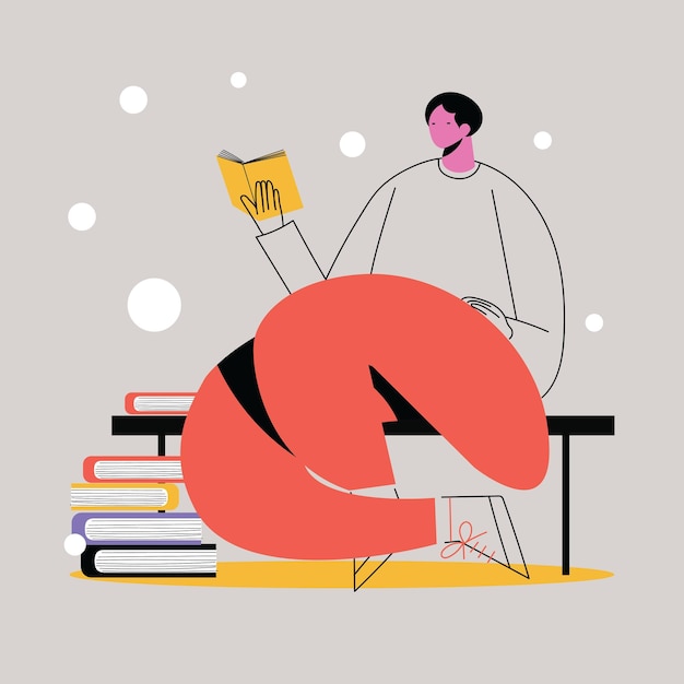 Young girl man sitting reading book vector flat illustration Linegeometric shapes