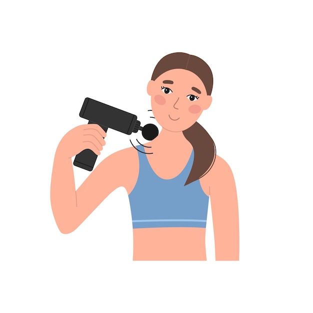 Young girl massage her neck using muscle massage gun. Percussion massager. Vector flat illustration