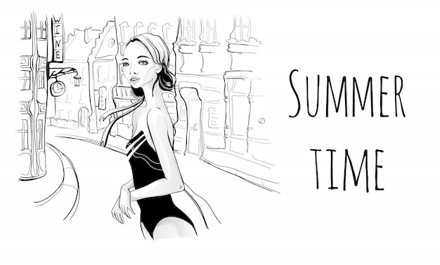 Young girl in monokini on the street of the resort town.  illustration in sketch style.