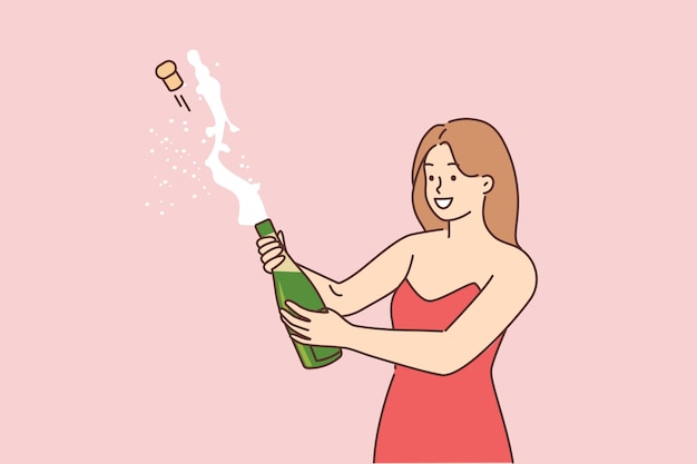 Giovane ragazza che apre una bottiglia di champagne