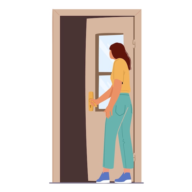 Vector young girl peep into open doorway, curious female character opening door isolated on white background