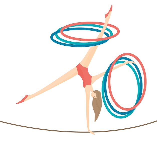 Vector young girl performing acrobat treack on the rope with hula hoops on her hands and legs