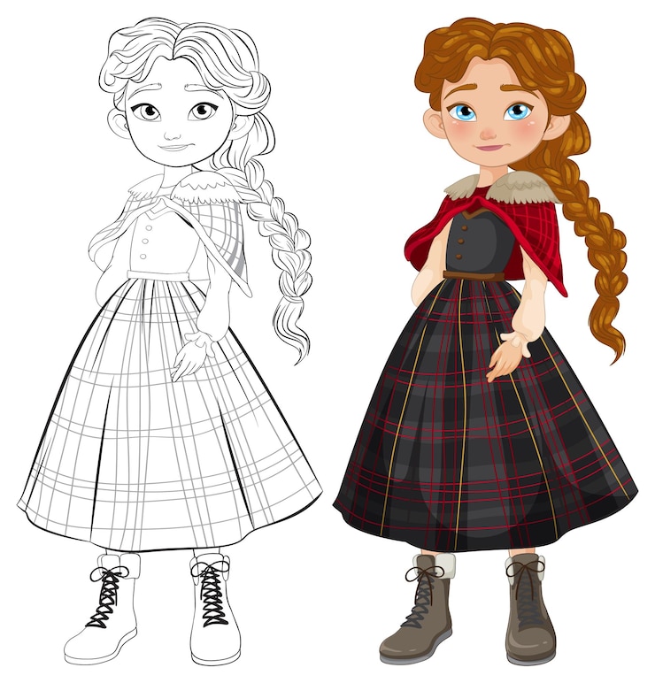 Vector young girl in plaid dress