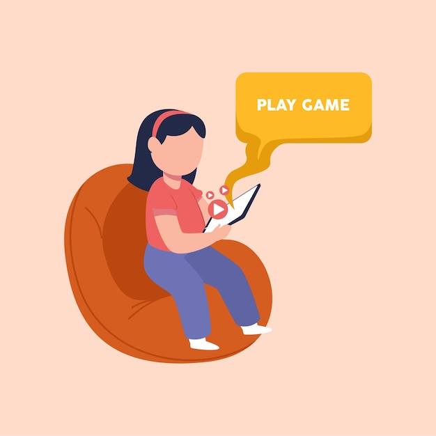 Vector young girl playing game on mini tablet colored flat graphic vector illustration