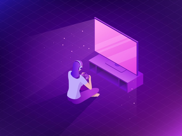 Vector young girl playing video games. vector flat game illustration.