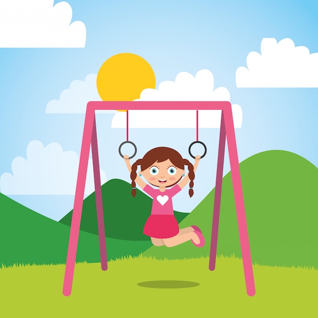 Vector young girl playing with bar rings in the park and sunny day