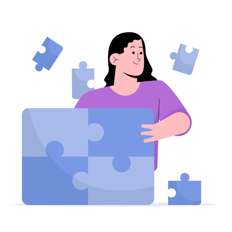 Vector young girl playing with puzzle