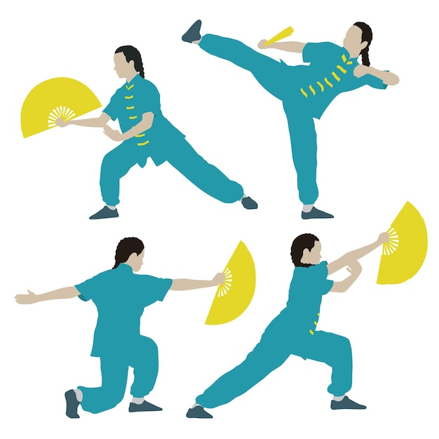 young girl in a pose of tai chi chuan with fan