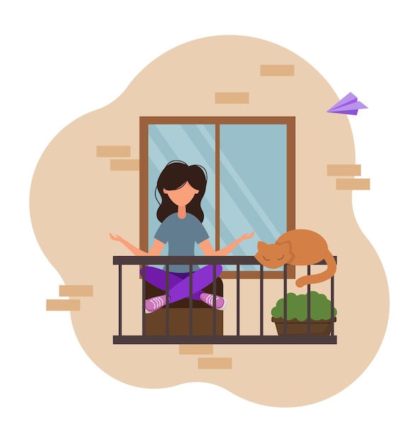 A young girl practices yoga on the balcony. stay at home and doing meditation. vector illustration.