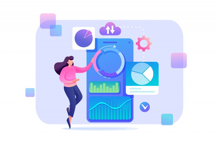 Vector young girl in progress at work. concept woman character with graph research and charts. flat character. concept for web design