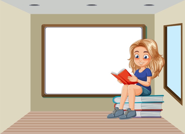 Vector young girl reading beside whiteboard